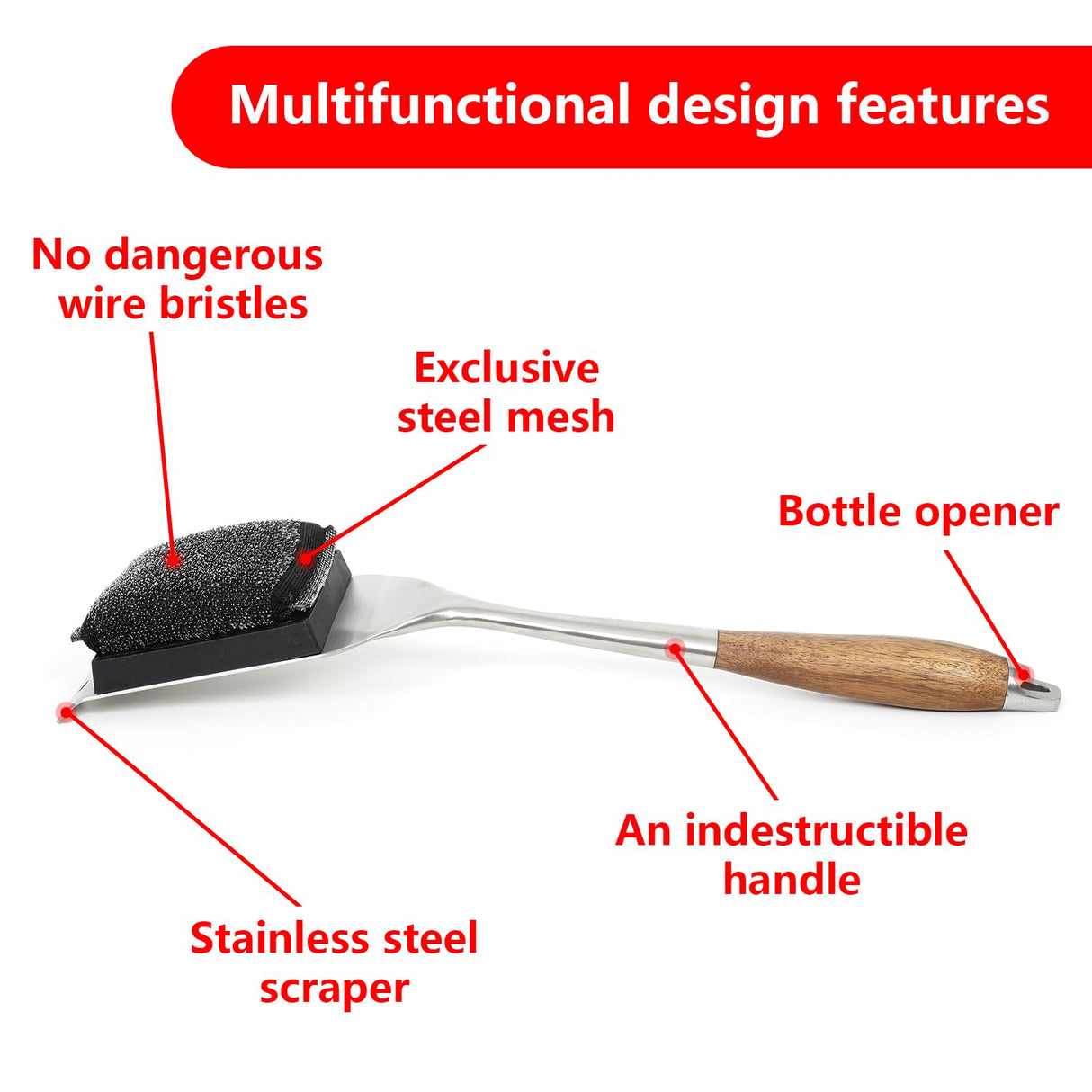 XUDAKAIXIN Grill Brush Bristle Free,Unique Steel Fibers Pad Perfect for Grill Grates/Blackstone Griddle - with Strong Stainless Steel Wooden Handle and 1 Cleaning Head,Grill Brush for Outdoor Grill XUDAKAIXIN