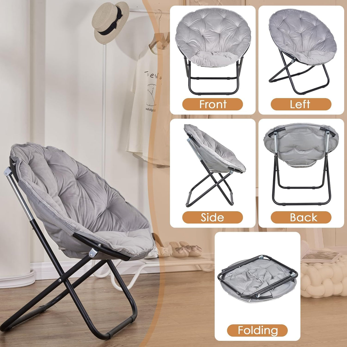 VECELO Saucer Chair for Adults, Folding Moon Chair with Metal Frame, Faux Fur for Bedroom, Living Room, Dorm Room, Apartment, Grey VECELO