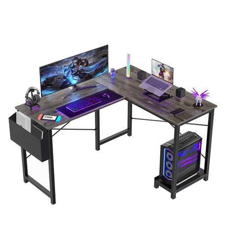 Sweetcrispy L Shaped Desk Gaming Computer 50 Inch Reversible Corner Table PC Work Table for Writing Study Student with Wood Tabletop Metal Frame CPU Stand Side Bag for Home Office Small Place, Grey Sweetcrispy