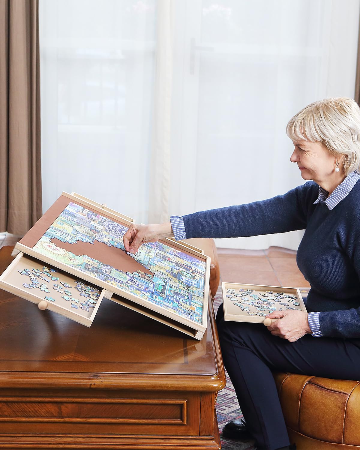 Jigsaw Puzzle Board Table with Drawers and Cover, 1000 Piece Wooden Puzzle Easel, 30''x22'' Portable Tilting Puzzle Plateau for Adults and Children, Translucent Cover XIJ