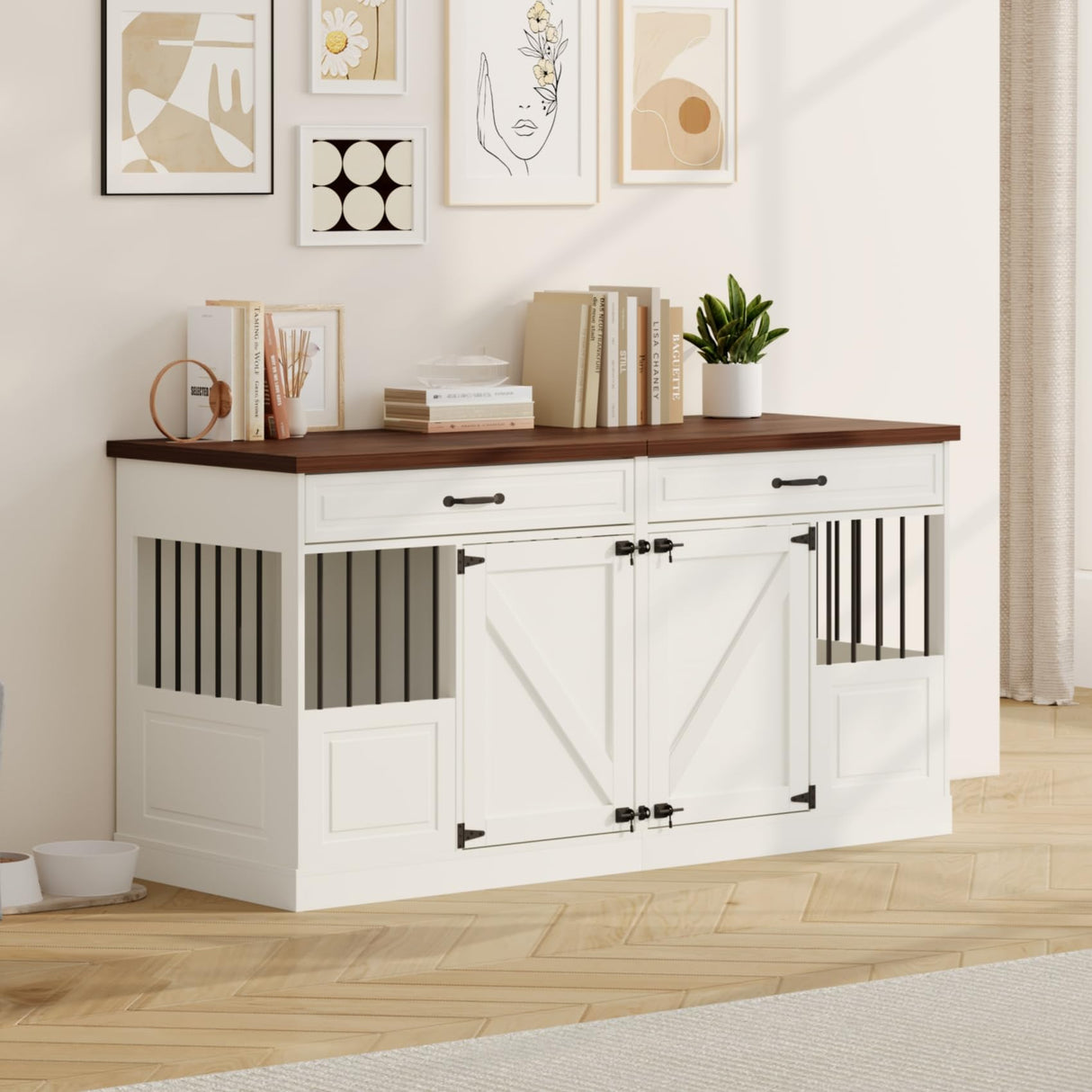 Large Dog Crate Furniture - Wooden Indoor Dog Kennel Furniture for 2 Dogs with 2 Drawers and Removable Divider, Heavy Duty Dog Crate Table, 63" L x 23.6" W x 31.5" H, White Faceket