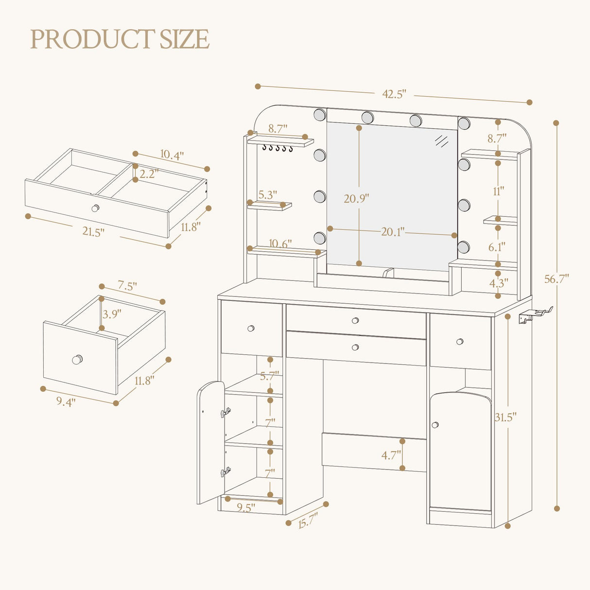 HEXCELEN 42.5" Large Vanity Desk，Dressing Table with Mirror and LED Light, Power Strip, 4 Drawers, 2 Open Storage Cabinets, and Jewelry Storage for Bedrooms, White HEXCELEN