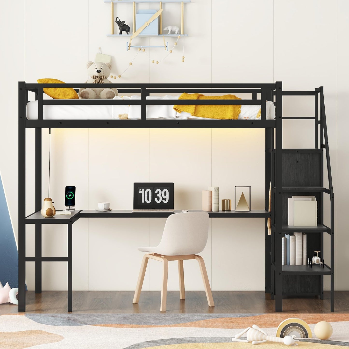 RuiSiSi Twin XL Metal Loft Bed with Wardrobe, L-shaped Desk, USB Charging, and LED Lights - Black - WoodArtSupply