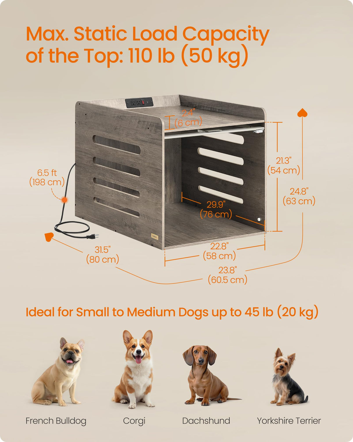 Feandrea Modern Dog Crate Furniture with Charging Station, Kennel Indoor with Flip-up Hidden Acrylic Door, for Small and Medium Dogs up to 45 lb, Side End Table, Heather Greige UPOC021G01 Feandrea