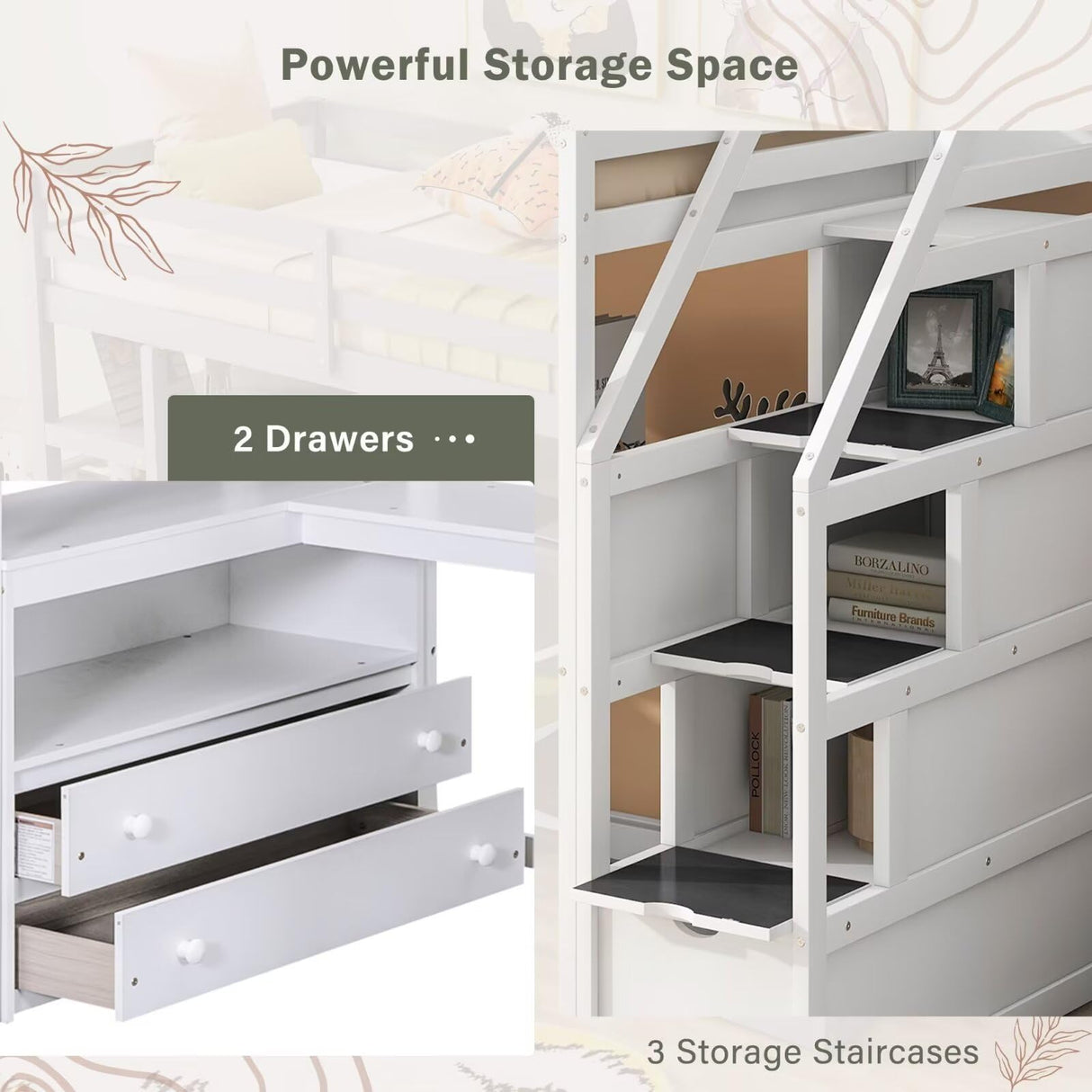 Merax Twin Loft Bed with Stairs and Desk, Solid Wood Loft Bed with Storage Stairs, Stairway High Loft Bed Frame with Storage Steps for Kids Teens Juniors, White Merax