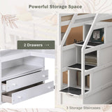 Merax Twin Loft Bed with Stairs and Desk, Solid Wood Loft Bed with Storage Stairs, Stairway High Loft Bed Frame with Storage Steps for Kids Teens Juniors, White Merax