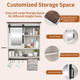 Bathroom Storage Cabinet with Mirror, Wood Farmhouse Medicine Cabinet with Adjustable Shelf, Hanging Bar S-Hooks Hair Dryer Holder, Wall Mounted Cabinet for Laundry Room Kitchen Living Room, White Cakhdry