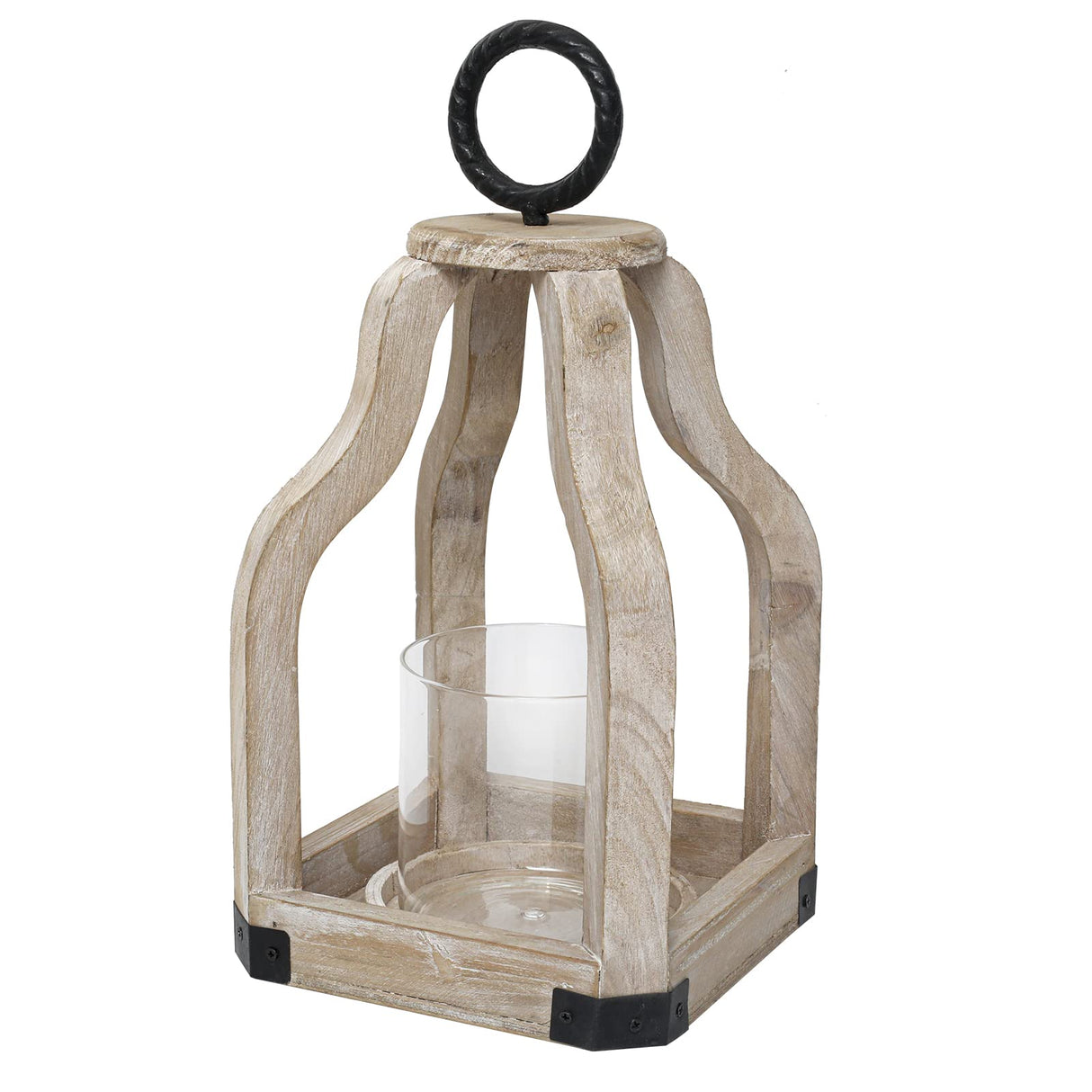 SWALLOWLIVING 13" Rustic Farmhouse Wood Candle Hurricane Lantern with Glass Candlestick Holder for Patio, Table Centerpiece, White Washed SwallowLiving