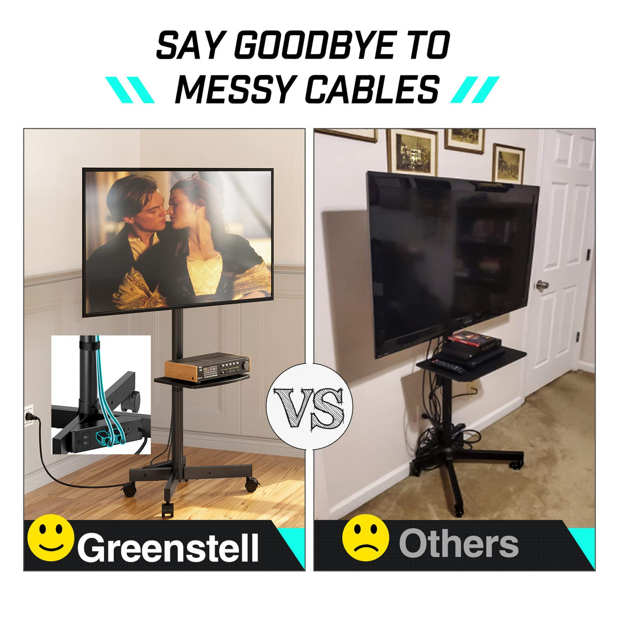 GREENSTELL TV Stand with Power Outlet, Mobile TV Cart on Wheels for 23-60 inch LED LCD Flat Curved Panel Screen TVs, up to 88 lbs, Height Adjustable Rolling TV Stand with AV Shelf, Max VESA 400x400mm GREENSTELL