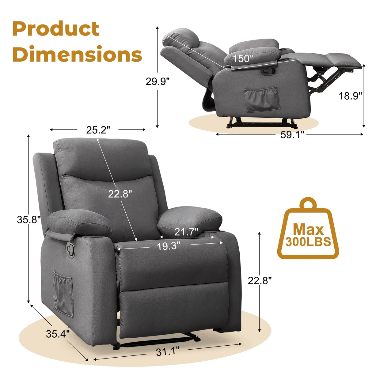 Korser Recliner Chair, Small Recliners for Small Spaces, Manual Recliner with Cup Holders and Side Pockets, Reclining Chair, Chairs for Living Room, Bedroom, Nursery, Darkgrey Korser