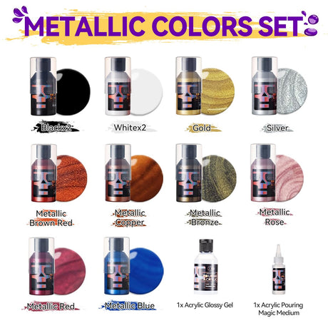 OPHIR Metallic Pouring Paint Set, 8 Metallic Colors, 2 Black, 2 White Colors, Pre-Mixed Paint Pouring Supplies, Ready to Pour Metallic Acrylic Paint for Canvas, Paper, Rocks, Wood,Glass OPHIR