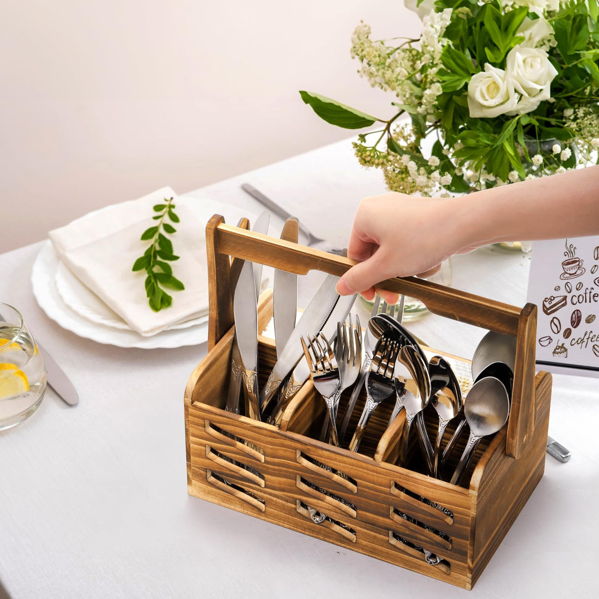 Noamus Silverware Caddy with Handle, 4 Compartments Wooden Flatware Utensil Holder, Cutlery Organizer Napkin Storage for Countertop, Kitchen Bathroom Bedroom, Farmhouse Decor, Party Camping Picnic Noamus