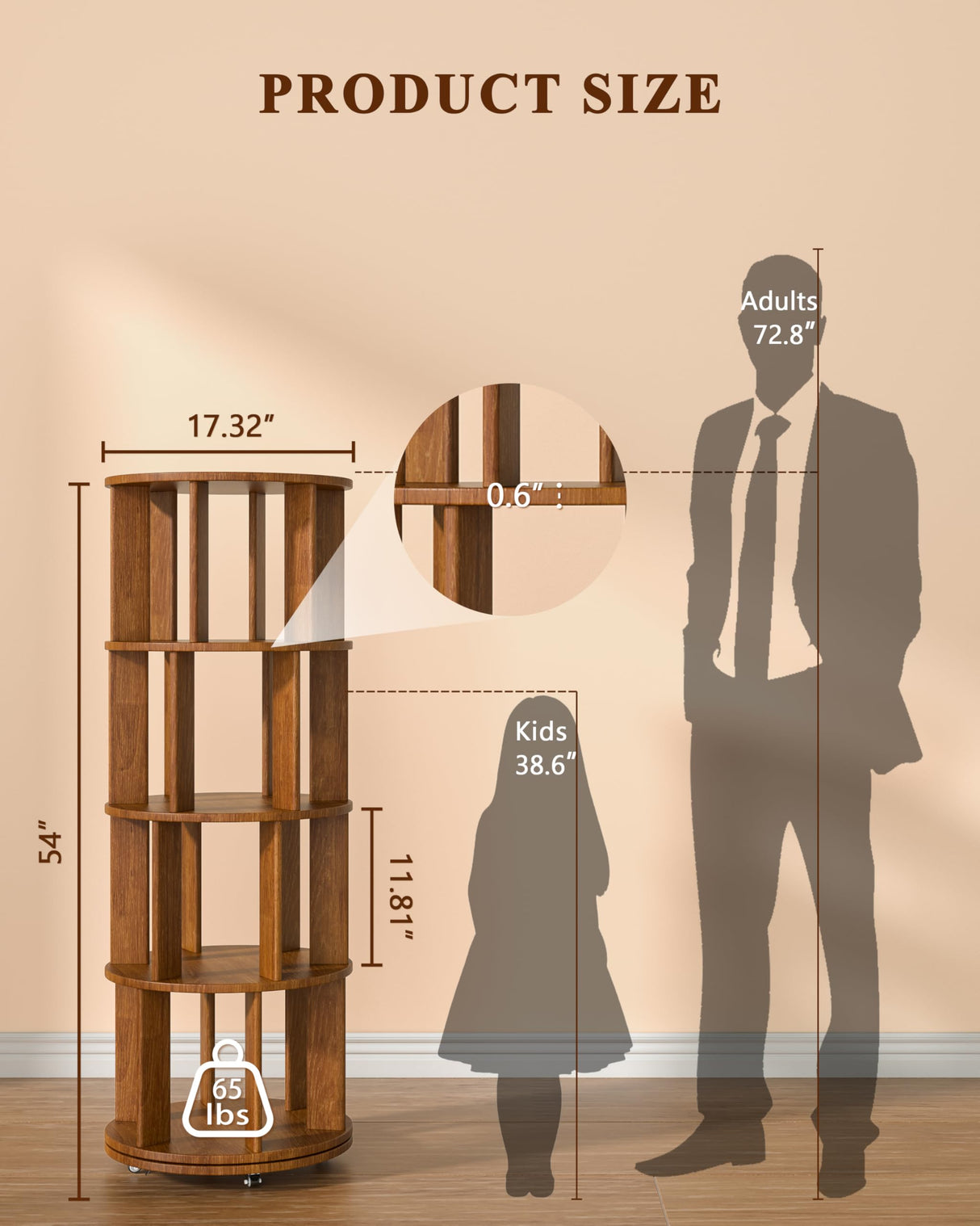 4-Tier Solid Wood Rotating Bookshelf on Wheels, 360° Spinning Book Shelf Tower, Round Revolving Bookcase Organizer, Rolling Bookshelves for Small Spaces, Corner, Bedroom, Kids Room, Office, Walnut IUNVR