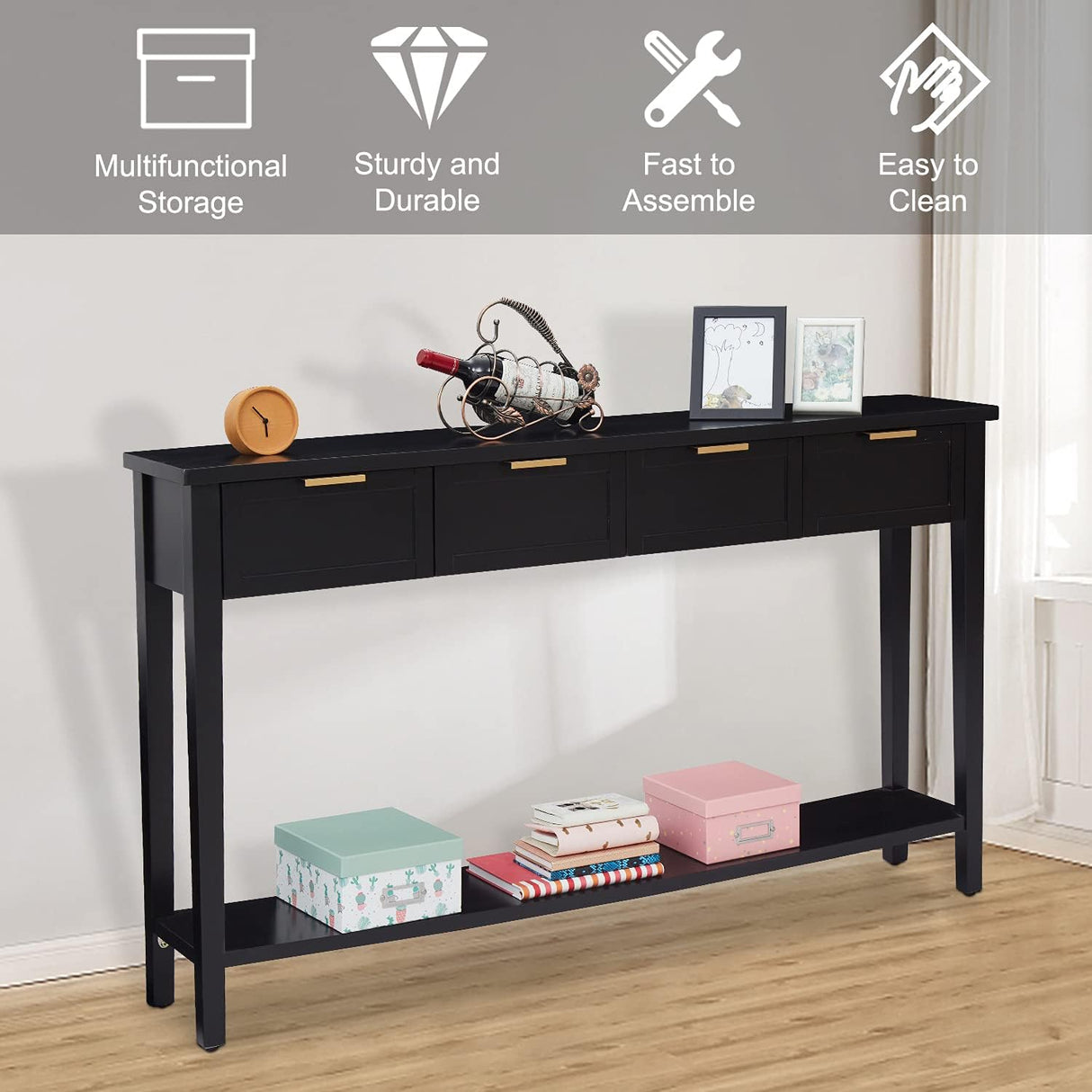 Kinsuite Long Sofa Table with 4 Drawers - Modern Black Console Table with 1 Bottom Shelf, 60 inch Wood Hallway Table Entryway Table for Living Room Bedroom Kitchen Kinsuite