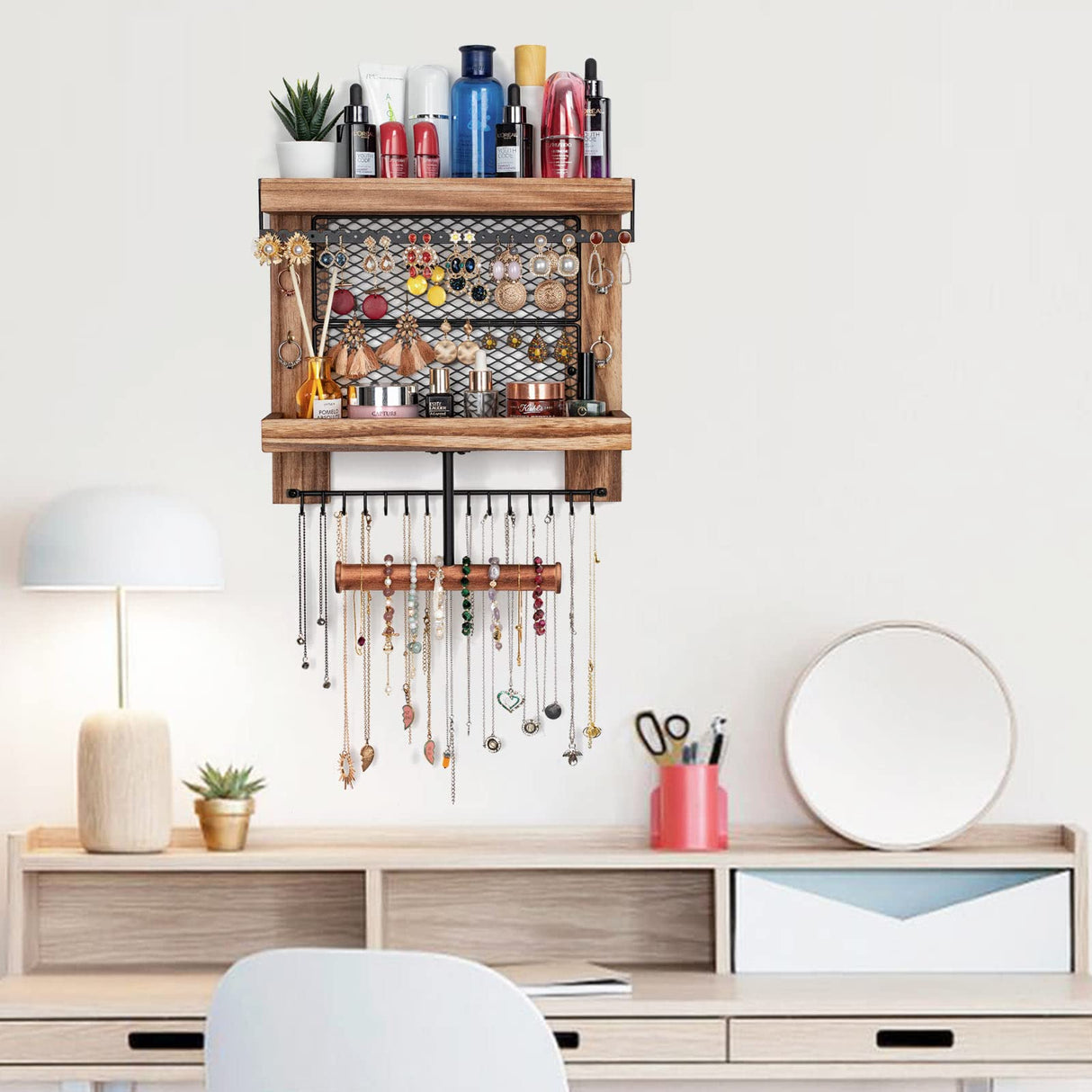 Pinzoveco Hanging Jewelry Organizer Wall Mounted With Wall Jewelry Organizer Holder For Necklaces Bracelet Earrings Ring (Rustic Wood) Pinzoveco