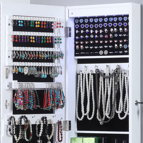 GISSAR Full Length Mirror Jewelry Cabinet, 6 LEDs Jewelry Armoire Wall Mounted Over The Door Hanging, Jewelry Organizer Display Storage Furniture with Lights Locker Mirrored Cabinet, White GISSAR