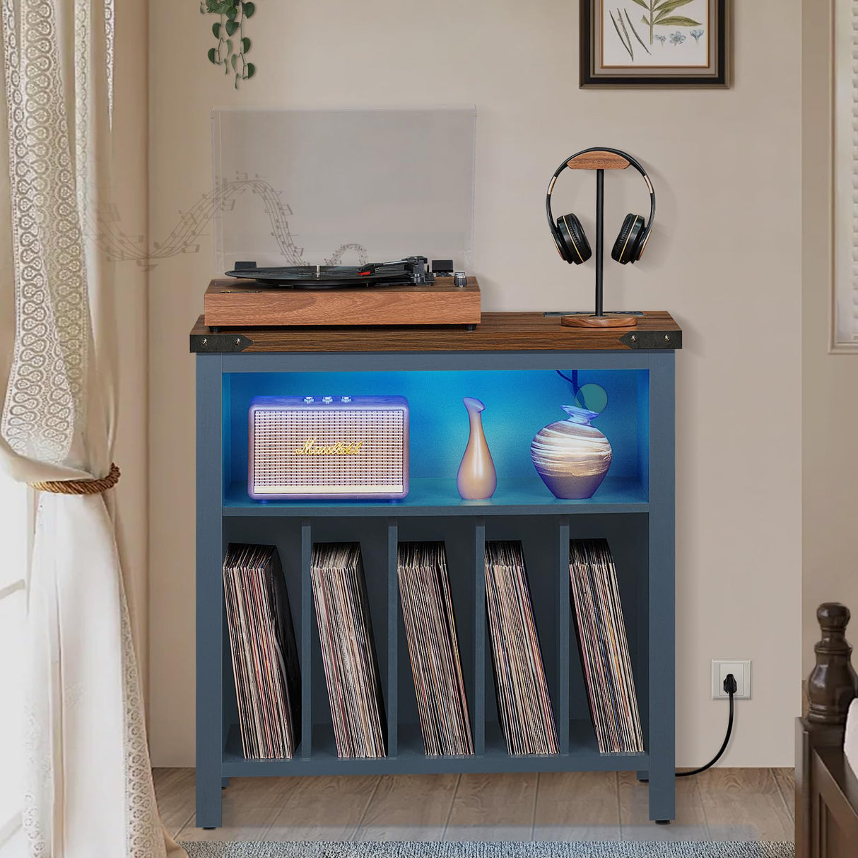 Joaxswe Large Record Player Table with Charging Station & LED Lights, Blue Vinyl Record Storage Cabinet Holds up to 230 Albums, Turntable Stand with Display Shelf for Music Room Bedroom Living Room Joaxswe