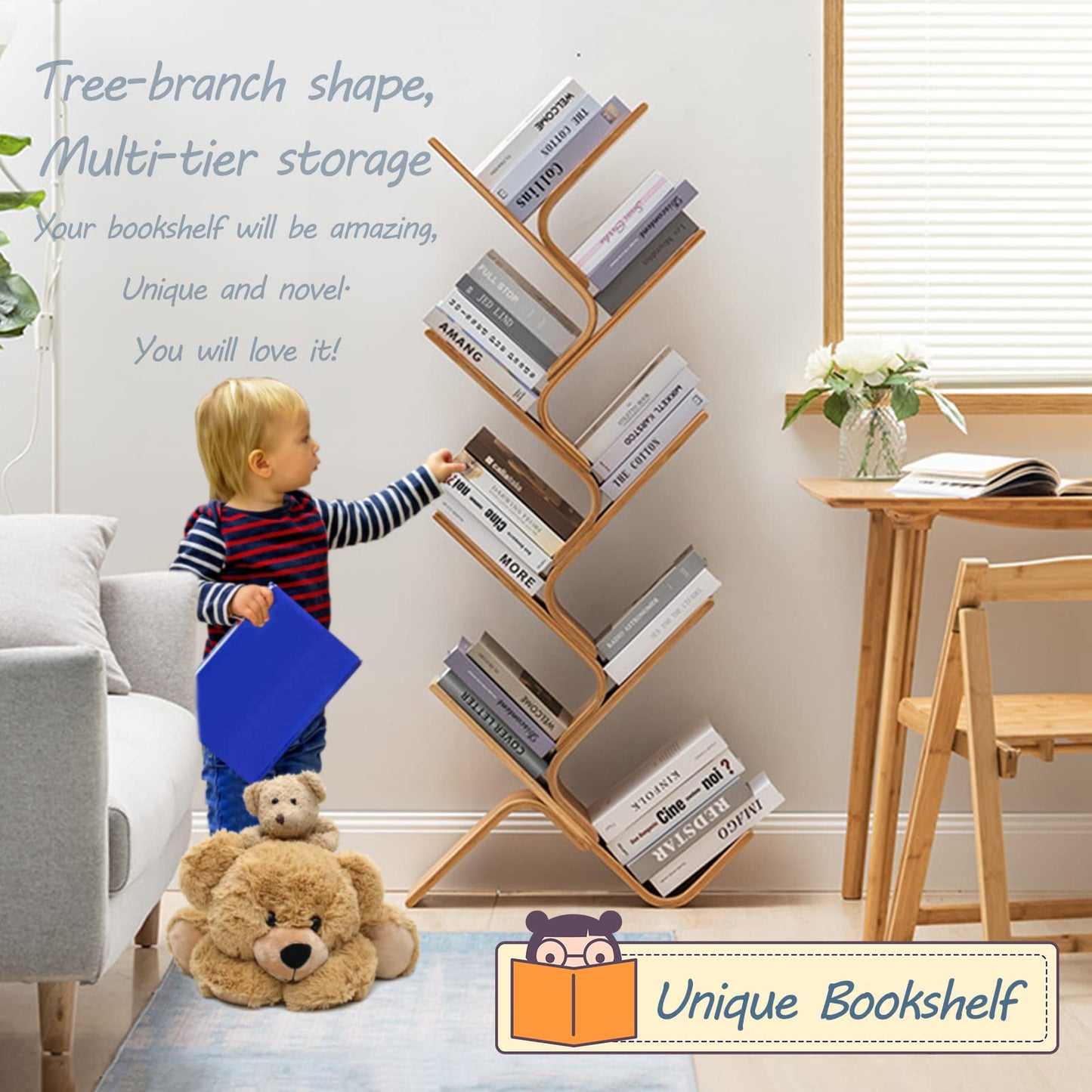 Bamboo Tree Bookshelf, 8-Tier Wood Bookcase, Free Standing Book Organizer Shelves, Books/Albums/Files Holder Display Storage Rack Space Saver for Living Room Bedroom-Log 55x23x5inch