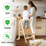 Toddler Tower Foldable - Kids Kitchen Step Stool with 3 Adjustable Heights & Safety Rail, Montessori Tower with Chalkboard for Learning, Standing Tower Helper Stool for Kitchen Counter Sink (Natural) SAUCE ZHAN