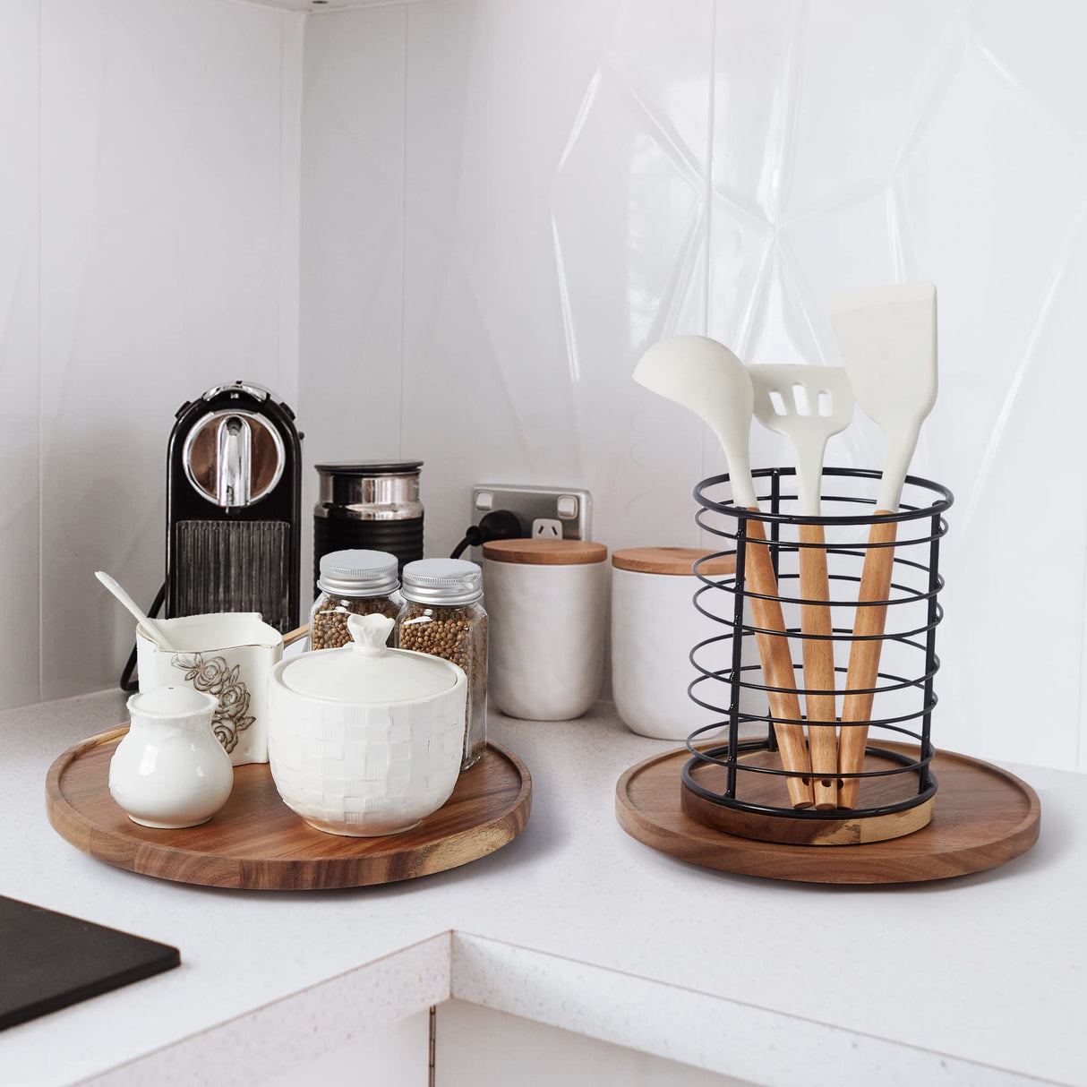 [ 2 Pack ] 10-inch Acacia Wood Lazy Susan Organizers, ACIAZAAZ Lazy Susan Turntable for Cabinet, Kitchen Turntable Storage for Table, Countertop, Pantry ACIAZAAZ