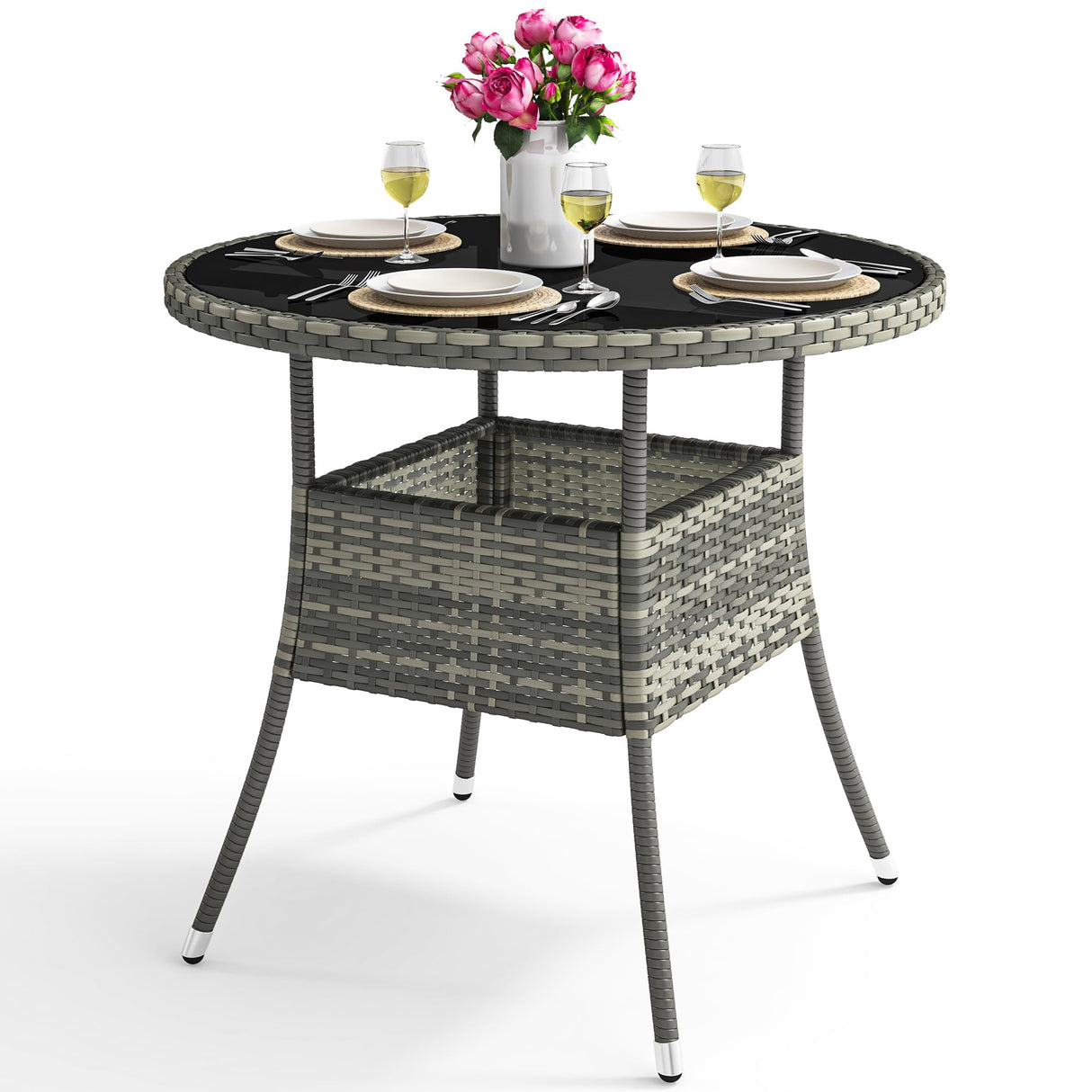YITAHOME 31.5" Patio Table for 4-Person, Outdoor Patio Wicker Round Dining Table, All-Weather Rattan Bistro Dining Table w/Glass Tabletop for Backyard Deck Porch Poolside, Gray YITAHOME