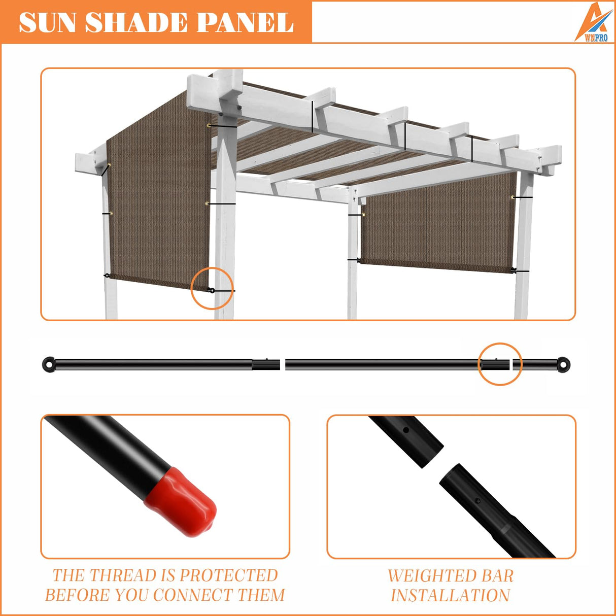 AwnPro 9' x 18' Outdoor Pergola Shade Cover Canopy for Patio Deck Porch Backyard Gazebo Replacement Shade Cover with Spaced Grommets Weighted Rods Brown AwnPro