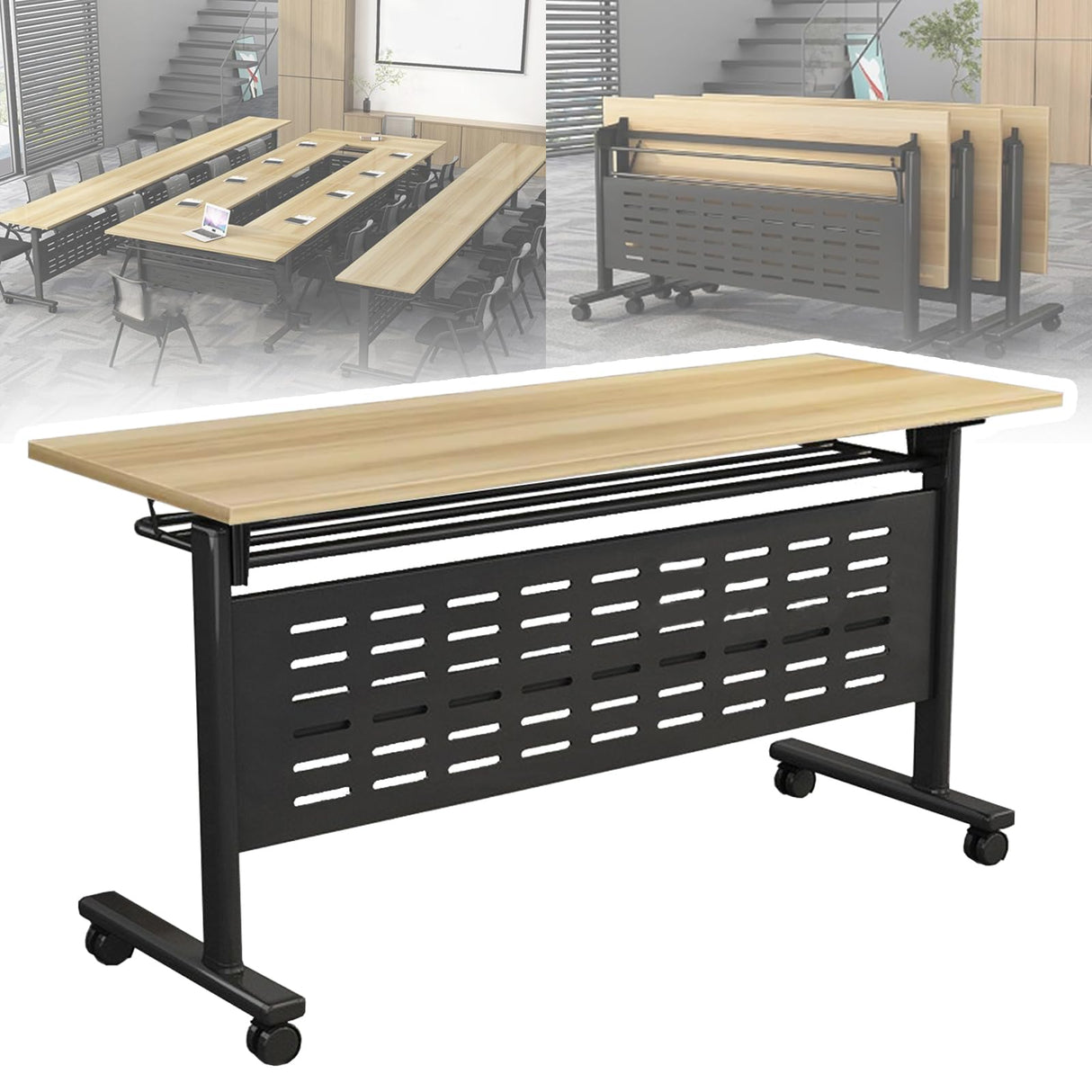 Folding Conference Table, Foldable Conference Rooms Training Rooms Flip Top Mobile Training Table, With Caster Wheels Long Seminar Table for Meeting Room, Rectangular Modular Conference Room Table AKFJOSGE