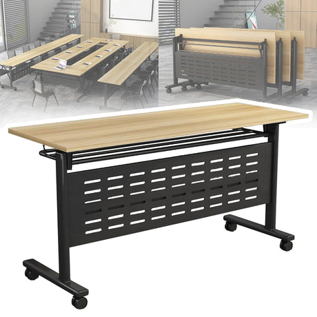 Folding Conference Table, Foldable Conference Rooms Training Rooms Flip Top Mobile Training Table, With Caster Wheels Long Seminar Table for Meeting Room, Rectangular Modular Conference Room Table AKFJOSGE