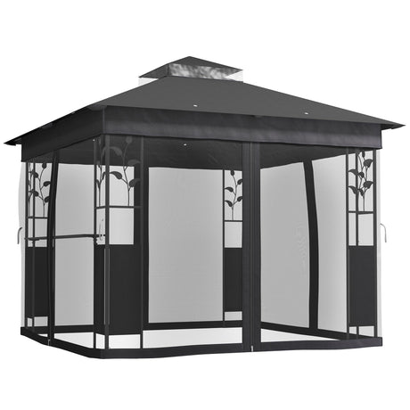 Outsunny 10' x 10' Outdoor Gazebo with Shelves and Netting, Double Roof Patio Gazebo Canopy Shelter, UV30+ Protected for Lawn, Backyard and Deck, Dark Gray Outsunny