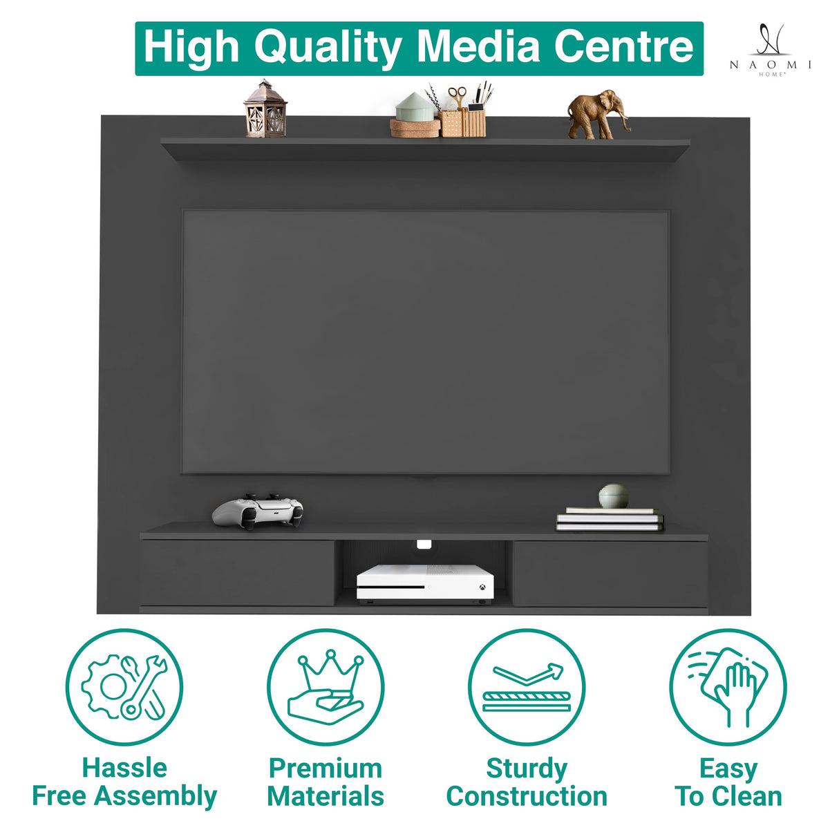 Naomi Home Zola Multi Storage Wall Media Center for up to 70 inch TVs, Entertainment Center with Storage, Floating TV Stand with 2 Sliding Doors and 2 Floating Wall Shelves, UV Painting Finish Black Naomi Home