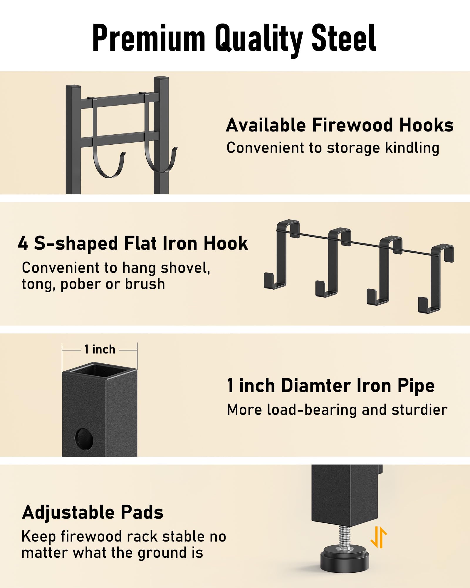 Brightown Firewood Rack Indoor with Log Carrier, 34inch Outdoor Wood Rack for Firewood,Fire Wood Storage with Kindling Hooks, Adjustable Pads, Heavy - WoodArtSupply