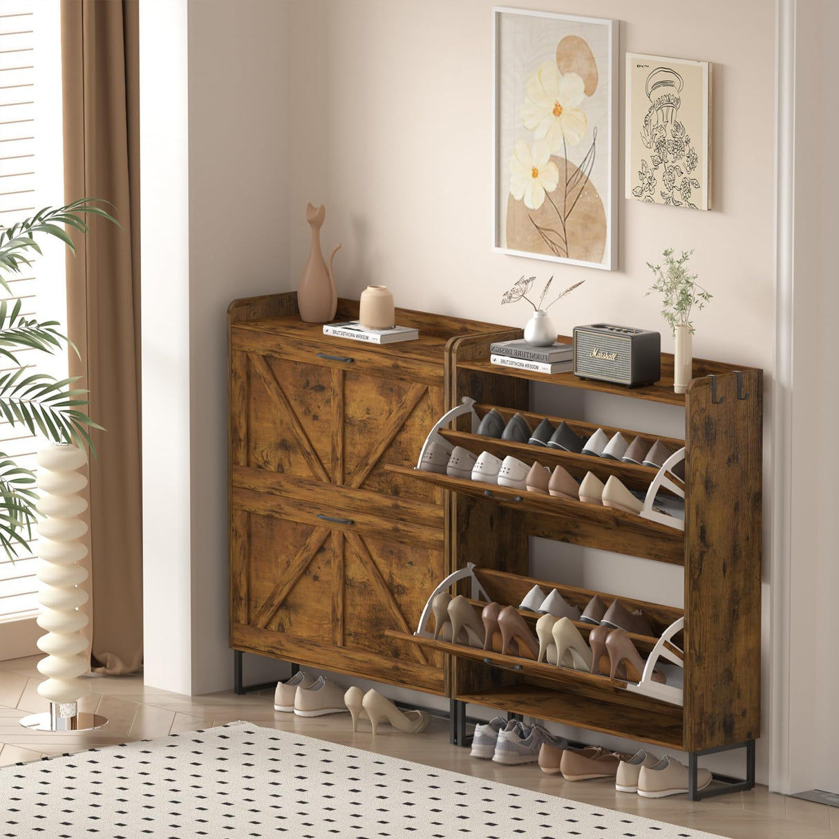 Urban Deco Wooden Shoe Storage Cabinet for Entryway, Organizer Shoe Cabinet with 2 Flip Drawers, Elegant 2 Tier Freestanding Shoe Organizer (Rustic Brown) Urban Deco