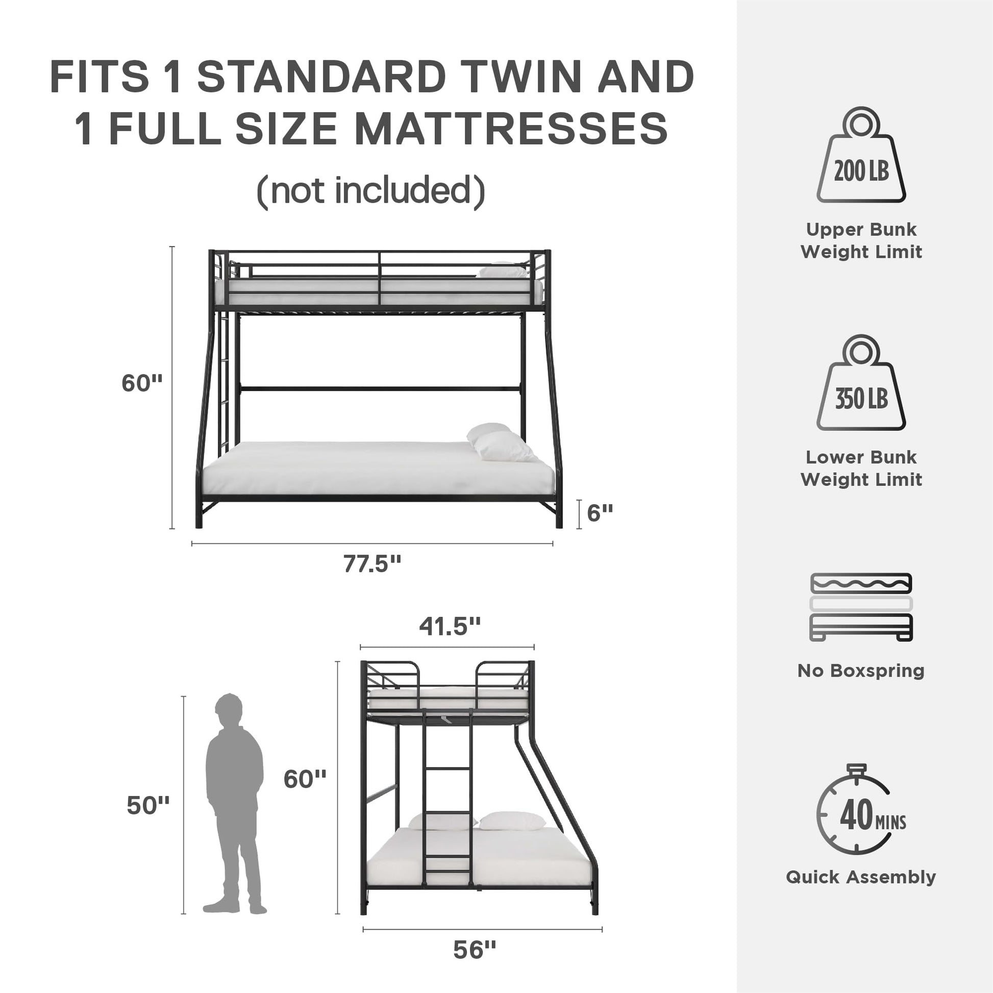 DHP Daven Quick-Assembly Twin-Over-Full Metal Bunk Bed with Ladder and Guardrails, Black - WoodArtSupply