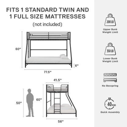 DHP Daven Quick-Assembly Twin-Over-Full Metal Bunk Bed with Ladder and Guardrails, Black - WoodArtSupply