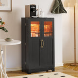 HOOBRO 43" Kitchen Pantry Cabinet, kitchen Storage Cabinet with Power Outlets, Pantry Cabinet with LED Lights and Adjustable Shelf, Pantry Glass Doors Holders, for Kitchen, Dining Room, Black and Gold HOOBRO