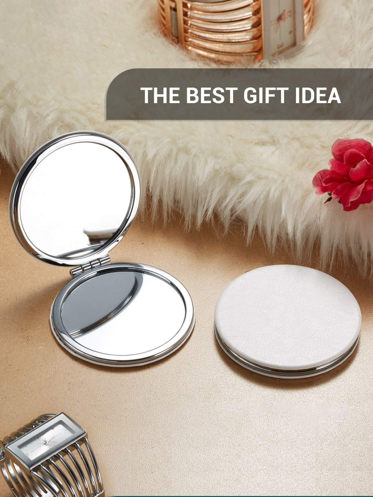 Getinbulk Compact Mirror Bulk, Set of 12 Round Double-Sided 1X/3X Magnification PU Leather (White, 2.8")