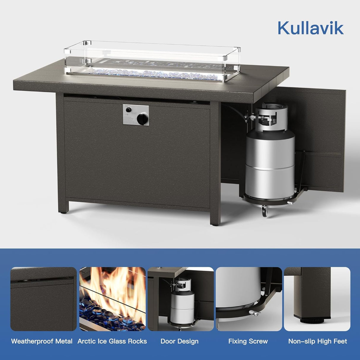 Kullavik Aluminum Patio Furniture Set with Propane Fire Pit Table 5-seat Metal Outdoor Furniture w/Fire Pit Patio Sectional Sofas w/5.1" Cushions for Patio, Backyard, Poolside-Black Kullavik