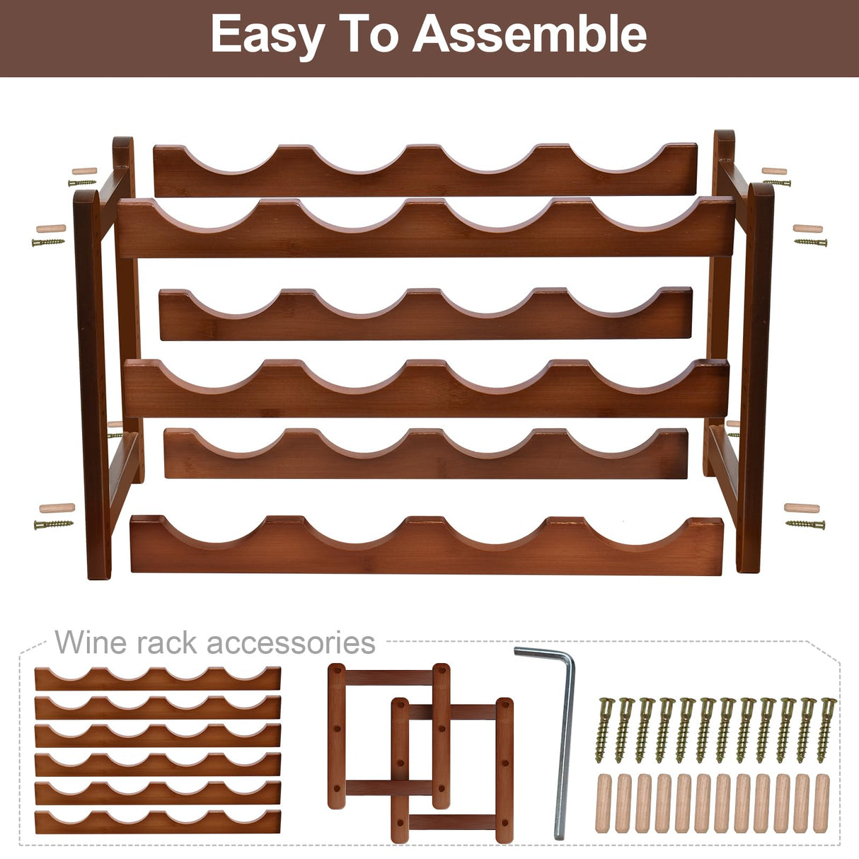 IWNTWY Wine Rack, 12 Bottles 3-Tier Free Standing Wine Racks, Bamboo Wine Rack Countertop Holder Storage Shelf for Kitchen Cabinet Dining Room Bar (Brown) IWNTWY