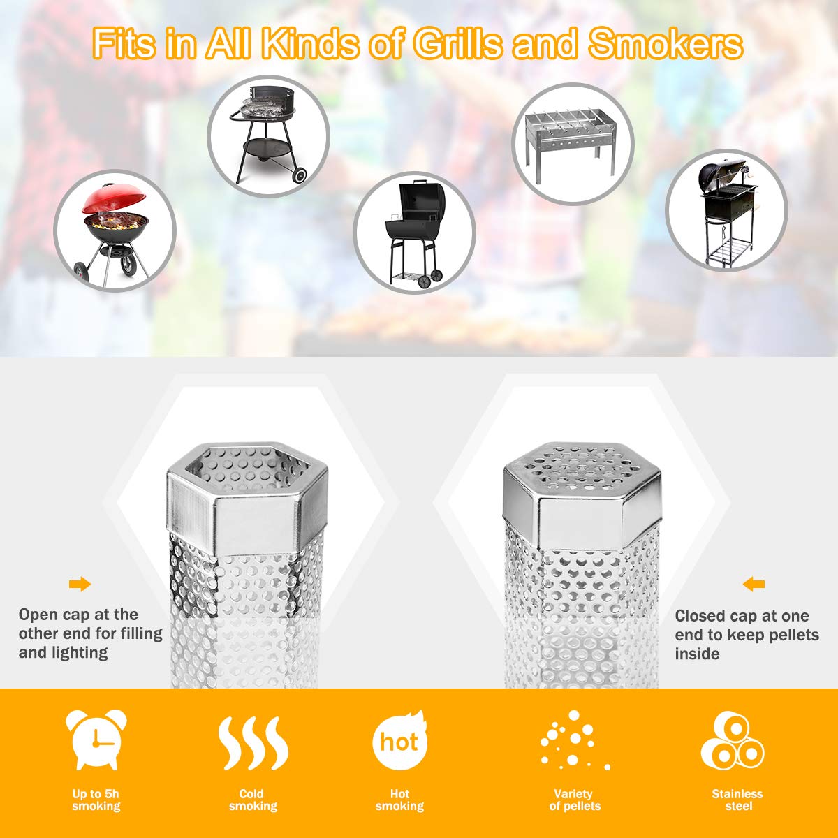 Pellet Smoker Tube, 2 Pack 12'' Stainless Steel BBQ Wood Pellet Tube Smoker, for Cold/Hot Smoking (2 Pack 12'' Smoker) LFSEMINI