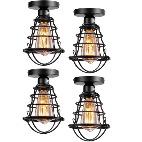 Asnxcju Vintage Semi Flush Mount Ceiling Light, Industrial Black Metal Cage Farmhouse Ceiling Light Fixture for Hallway Porch Stairway Bedroom Kitchen 4 Pack, E26 Base, UL Listed Asnxcju