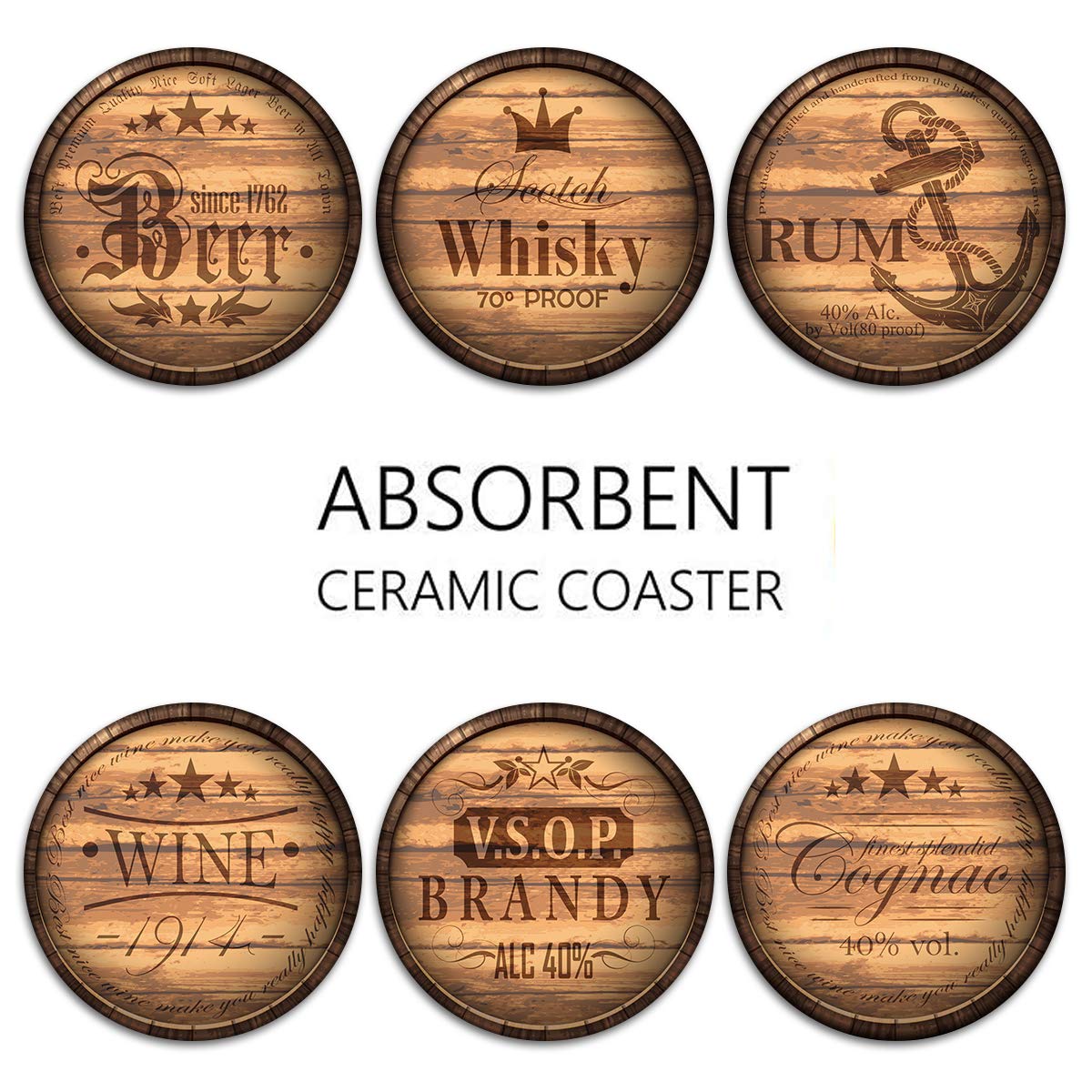 Britimes Set of 6 Coaster for Drinks Absorbent with Cork Base, Metal Holder, Round Wooden Stone Drink Mat for Coffee Wood Table, Gift for Birthday, Farmhouse Housewarming Room Bar Decor Retro 2 Britimes