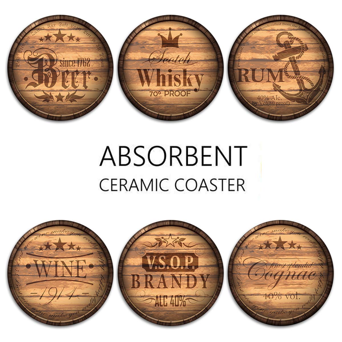 Britimes Set of 6 Coaster for Drinks Absorbent with Cork Base, Metal Holder, Round Wooden Stone Drink Mat for Coffee Wood Table, Gift for Birthday, Farmhouse Housewarming Room Bar Decor Retro - WoodArtSupply