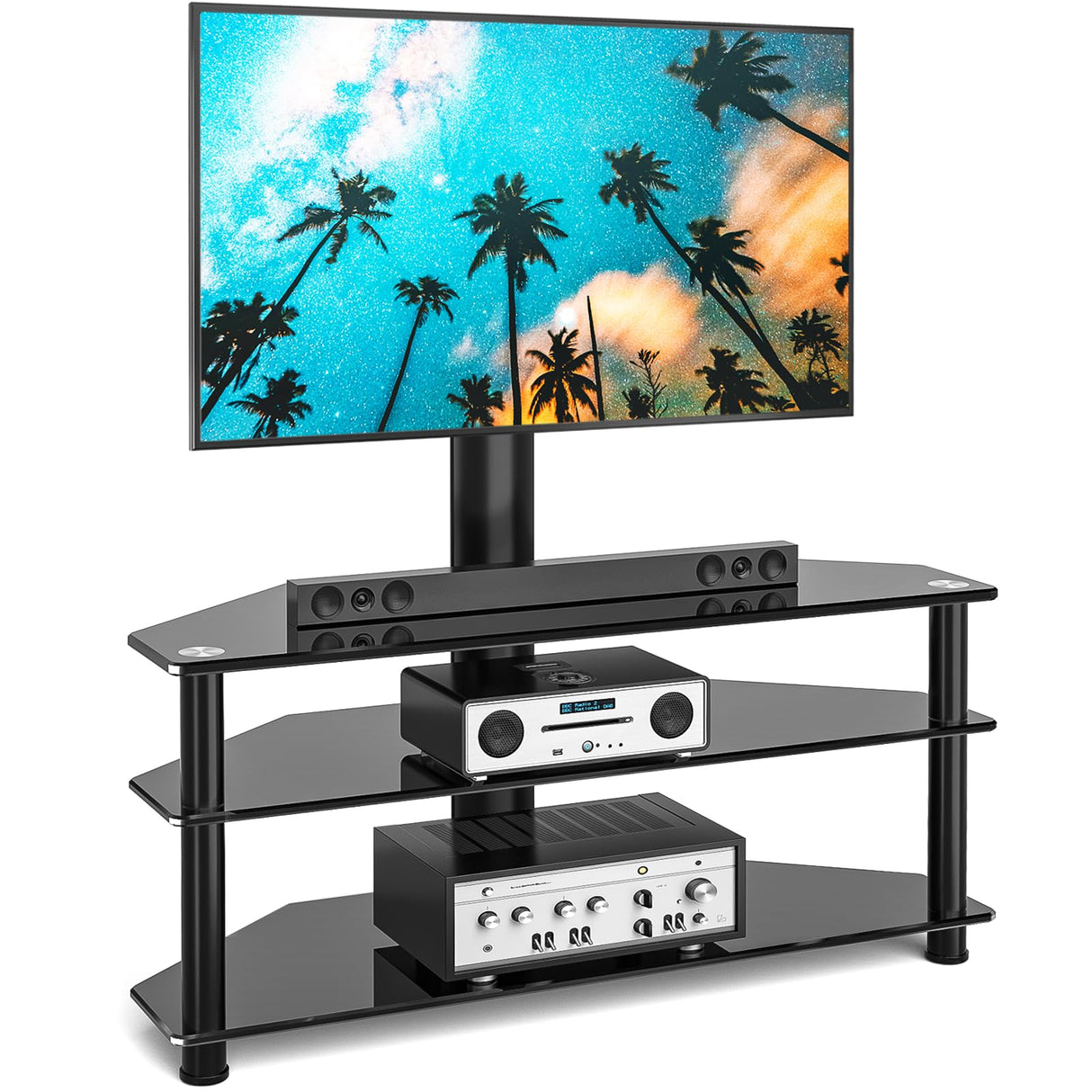 Rfiver Corner Swivel Glass TV Stand with Mount for 32-70 Inch Screen TV up to 110lbs, Height Adjustable Corner TV Stand with Mount, Entertainment Center with TV Mount and 3-Tier Storage for AV Media Rfiver