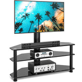 Rfiver Corner Swivel Glass TV Stand with Mount for 32-70 Inch Screen TV up to 110lbs, Height Adjustable Corner TV Stand with Mount, Entertainment Center with TV Mount and 3-Tier Storage for AV Media Rfiver