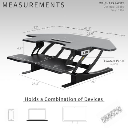 VIVO 43 inch Corner Electric Height Adjustable Cubicle Stand Up Desk Converter, VE Series, Sit to Stand Tabletop Dual Monitor Riser with USB Port, Black, DESK-V000VCE