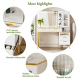 Chrangmay 47.24" Big Modern Vanity Desk with Mirror and Lights,Makeup Vanity Desk with 5 Drawers and Storage Shelves & Power Outlet,Dressing Table with Glass Top, White Chrangmay