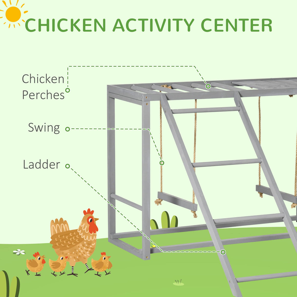 PawHut Chicken Activity Play with Swing Set for 3-4 Birds, Wooden Chicken Coop Accessory with Multiple Chicken Perches & Hen Ladder Gray PawHut