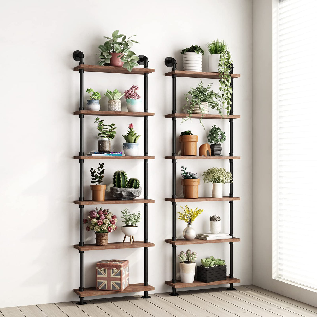 BOSURU Industrial Pipe Bookshelves Rustic Wood Ladder Bookshelf, Industrial Pipe Shelf for Living Room Decor and Storage,Bookcase(Only One Shelf) BOSURU