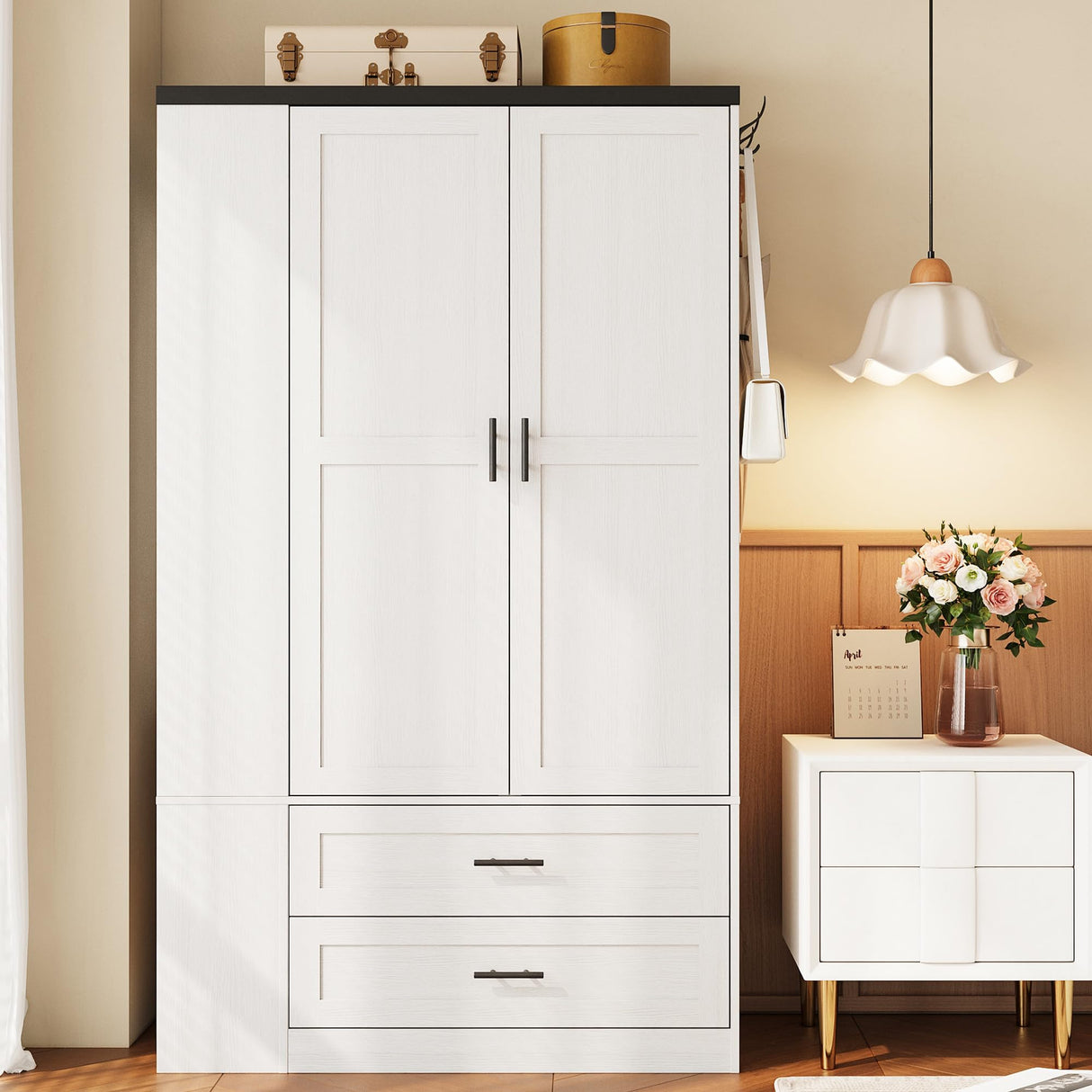 LIKIMIO Armoire Wardrobe Closet with Large Mirror, Storage Cabinet with 2 Doors and 2 Drawers, 2 Storage Shelves, 70" Wardrobe Cabinet for Bedroom,White LIKIMIO