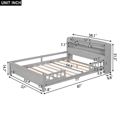 Bellemave Full Size Low Platform Bed with LED Light, Storage Headboard & Safety Rails for Kids in Grey - WoodArtSupply